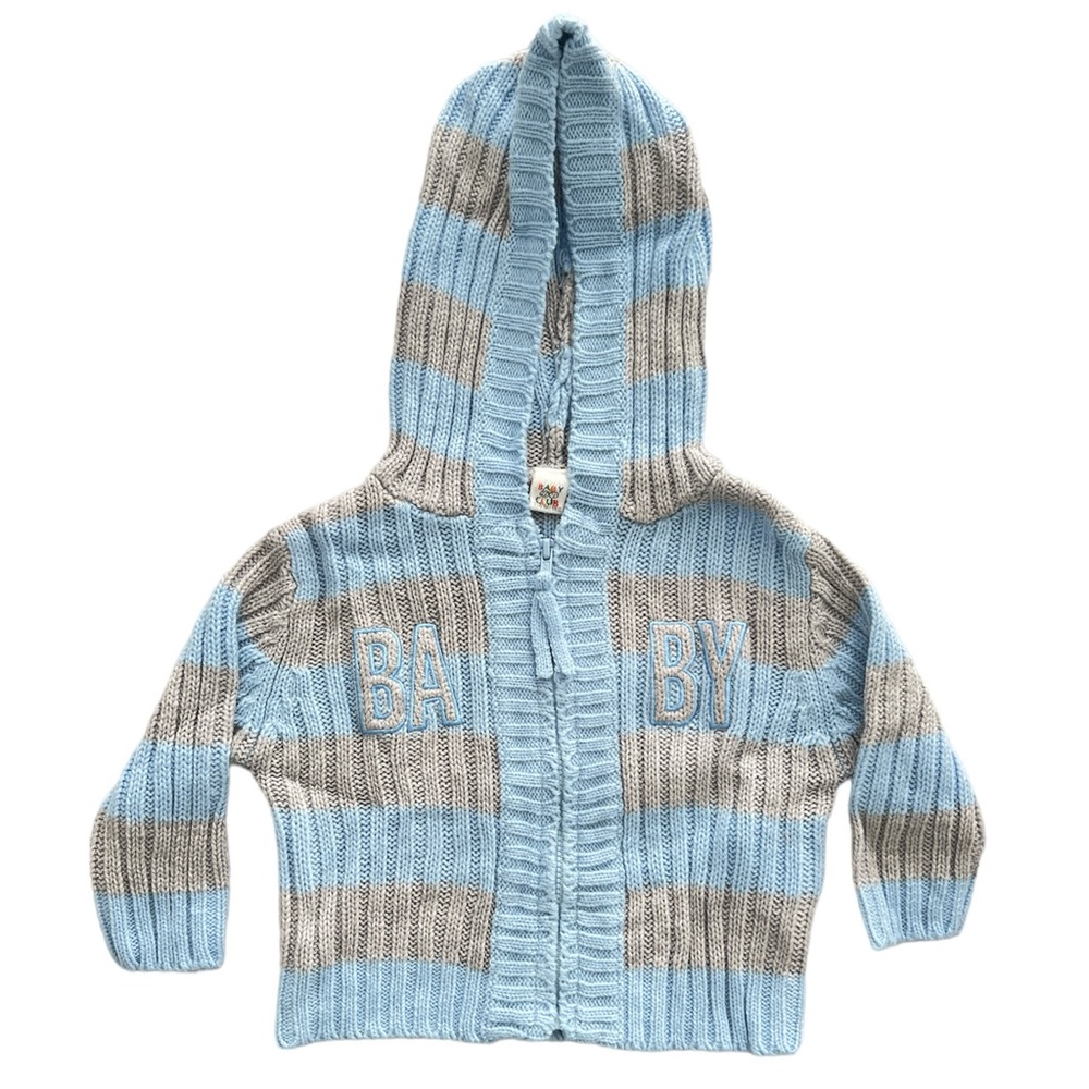 Baby Boy 3-6 Months Gray Blue Knit Hooded Cute Sweater Zipper